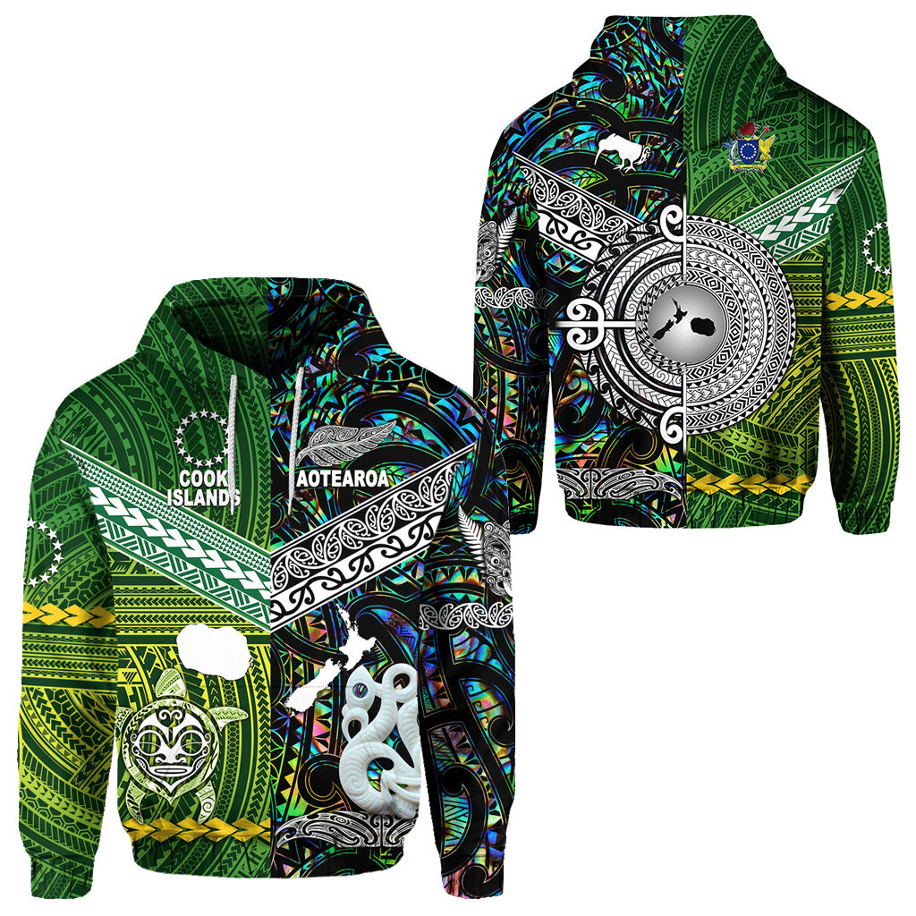 New Zealand Cook Islands Hoodie Maori and Polynesian Together Paua Shell LT8 Green - Polynesian Pride