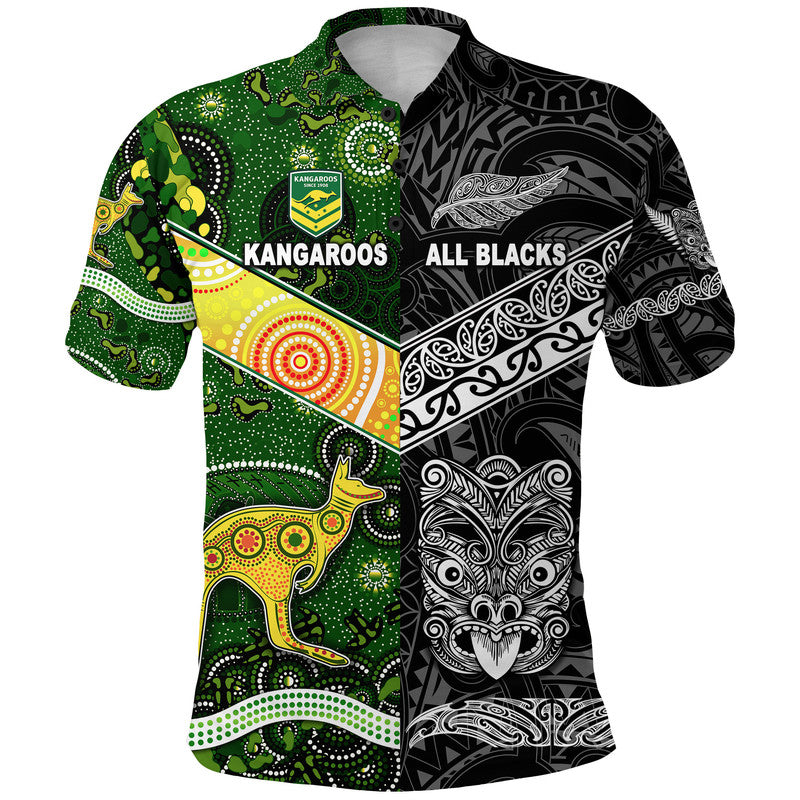 Custom New Zealand Australia Rugby Polo Shirt Maori All Black and Aboriginal Kangaroos Together LT8 Kid - Polynesian Pride