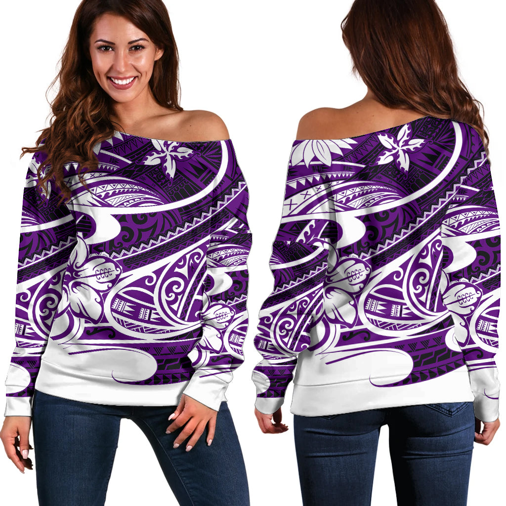 Polynesian Tribal Off Shoulder Sweater Purple LT6 Women Purple - Polynesian Pride