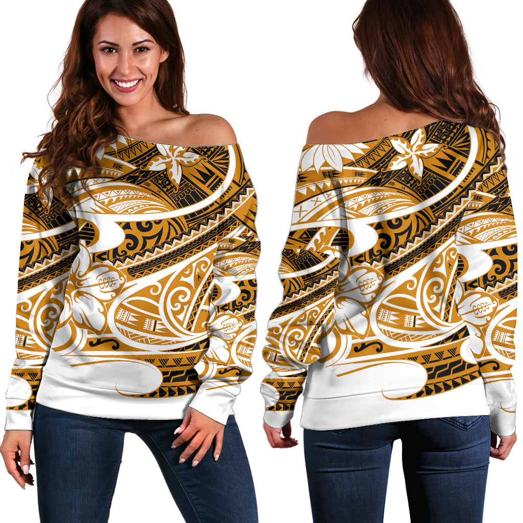 Polynesian Tribal Off Shoulder Sweater Gold LT6 Women Gold - Polynesian Pride