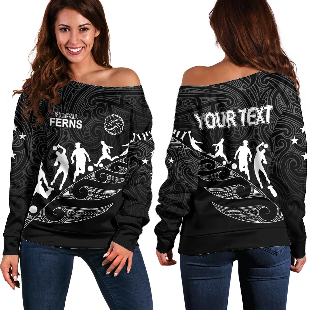 Personalised New Zealand Football Ferns Off Shoulder Sweater Women's World Cup 2023 Tribal Koru Pattern LT7 Women Black - Polynesian Pride