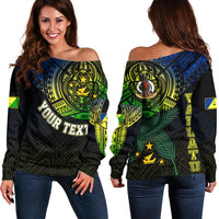 Personalised Vanuatu Off Shoulder Sweater Turtle Chest Tattoo Flag Color - Malampa LT7 Women Black - Polynesian Pride