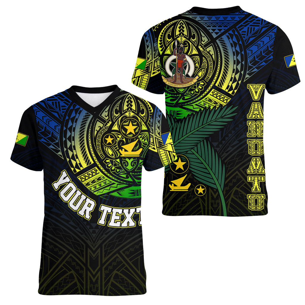 Personalised Vanuatu Women V Neck T Shirt Turtle Chest Tattoo Flag Color - Malampa LT7 Female Black - Polynesian Pride