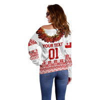 (Custom Personalised) Tonga Emancipation Day Off Shoulder Sweater Independence Day - Fancy Kahoa Heilala Flower - White Red LT8 - Polynesian Pride