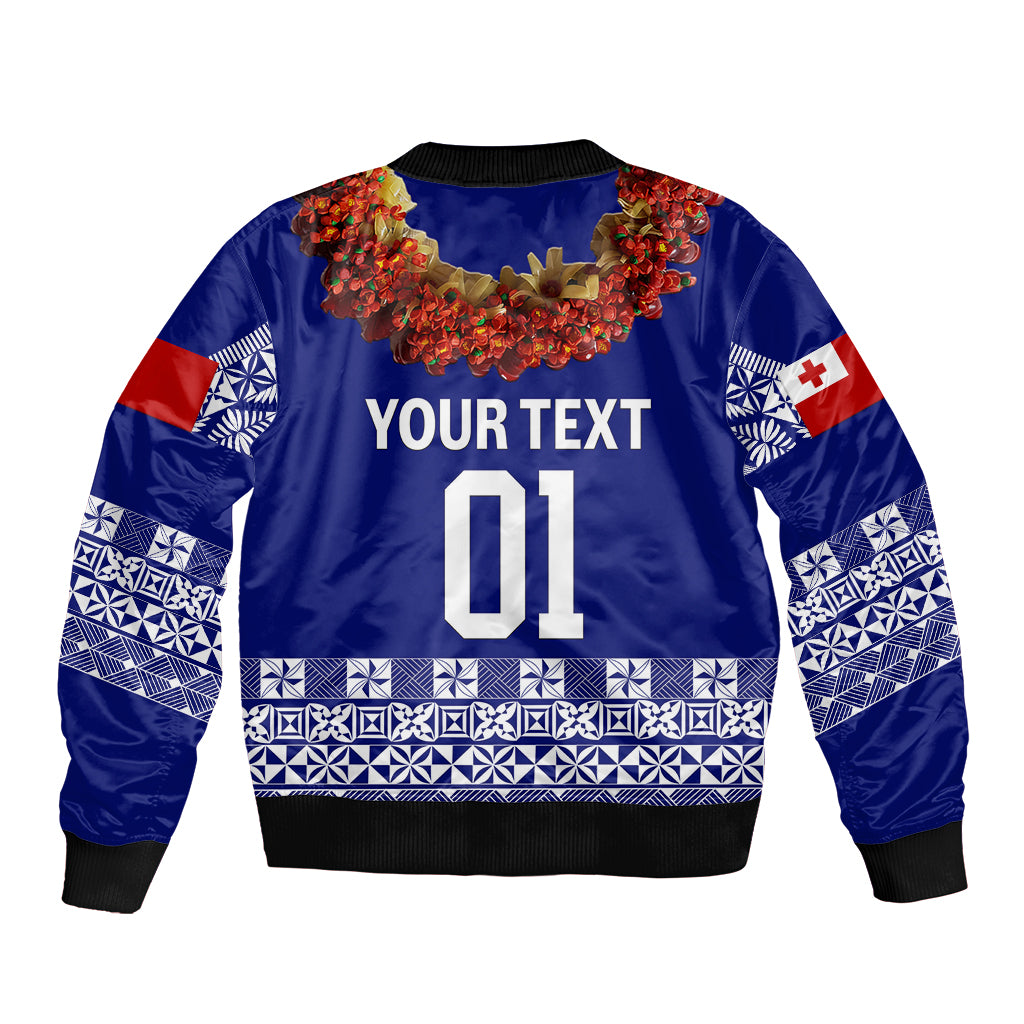 (Custom Personalised) Tonga Emancipation Day Sleeve Zip Bomber Jacket Independence Day - Fancy Kahoa Heilala Flower - Blue LT8 - Polynesian Pride