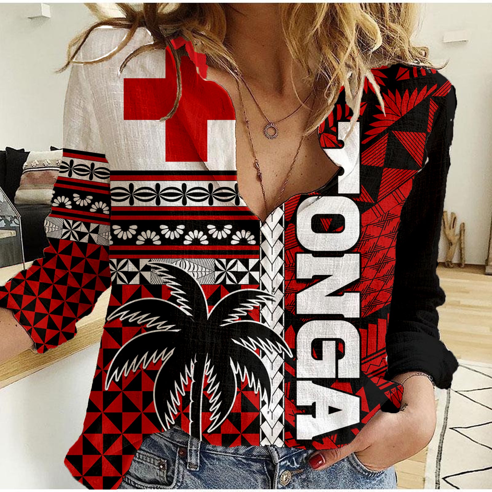 Tonga Kupesi Ngatu Women Casual Shirt Proud Tonga with Flag and Palm Tree LT9 Female Red - Polynesian Pride