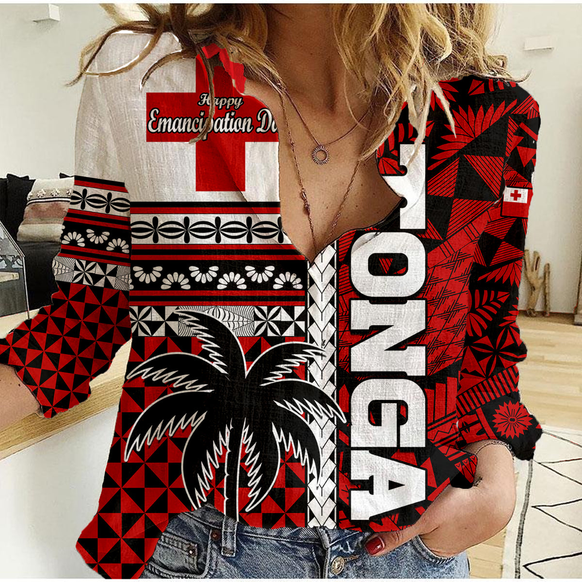 (Custom Personalised) Tonga Independence Day Women Casual Shirt Proud Tongan Emancipation with Kupesi Ngatu LT9 Female Red - Polynesian Pride