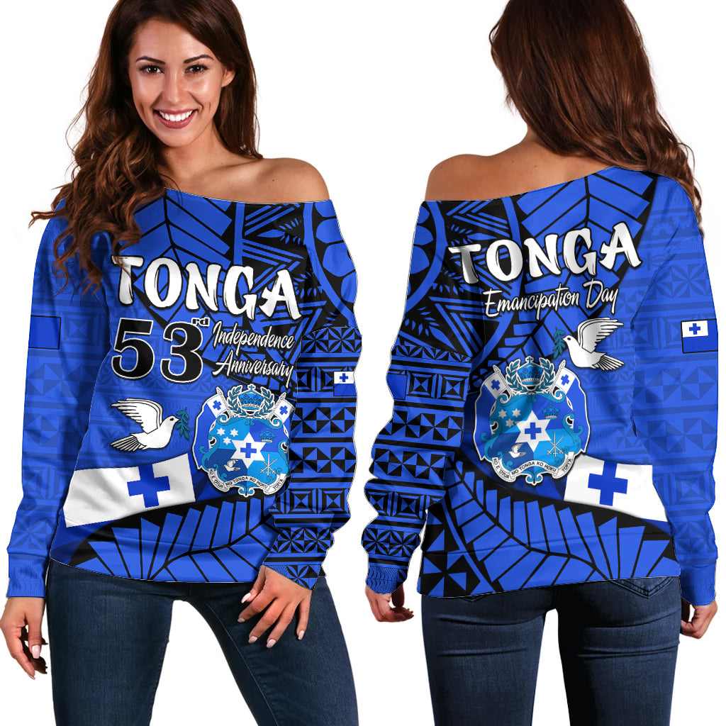 Tonga Emancipation Day Off Shoulder Sweater Happy 53rd Independence Anniversary Blue Version LT9 Women Blue - Polynesian Pride