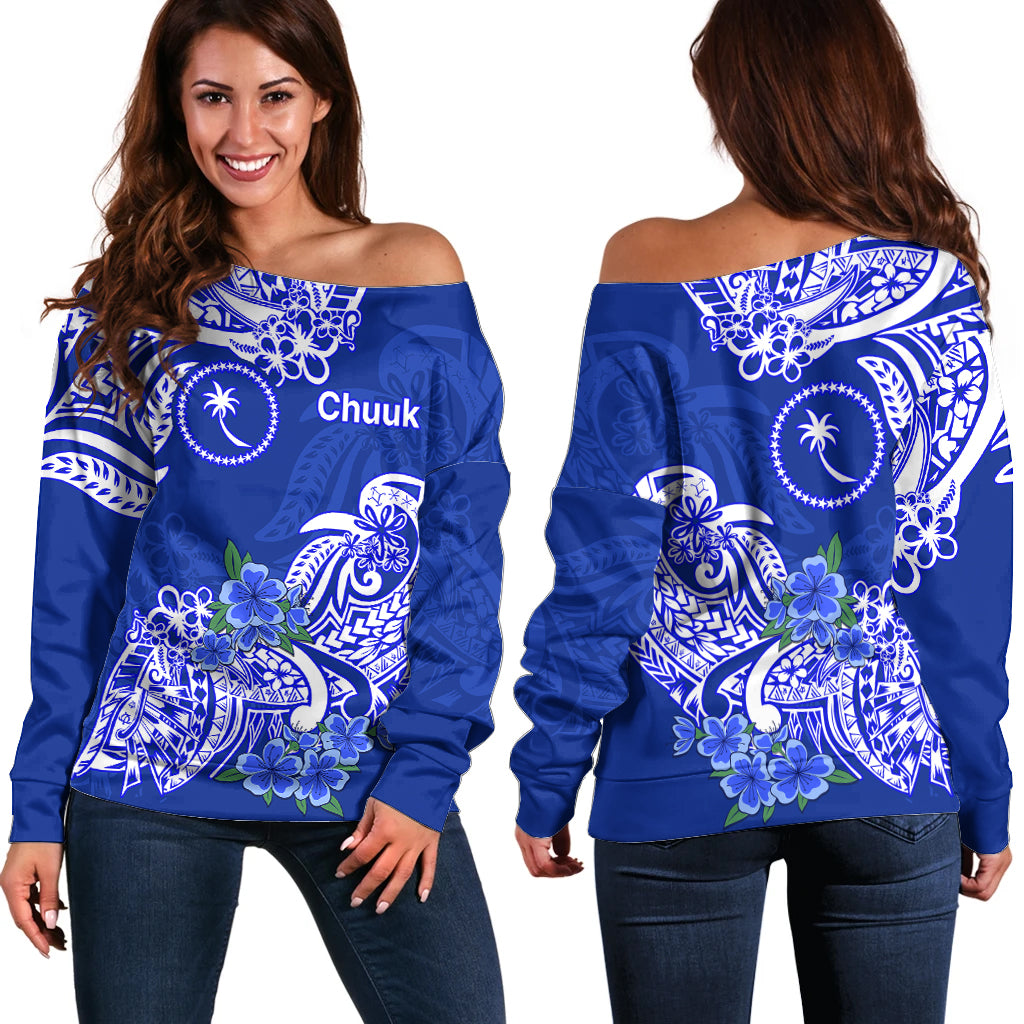 FSM Chuuk State Off Shoulder Sweater Polynesian Floral Tribal LT9 Women Blue - Polynesian Pride