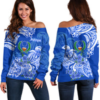 FSM Pohnpei State Off Shoulder Sweater Polynesian Floral Tribal LT9 Women Blue - Polynesian Pride