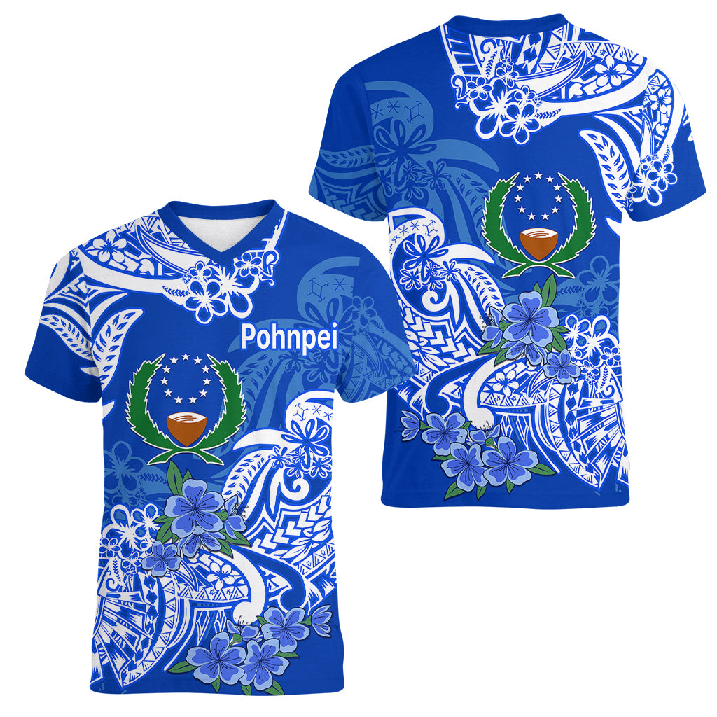 FSM Pohnpei State Women V Neck T Shirt Polynesian Floral Tribal LT9 Female Blue - Polynesian Pride