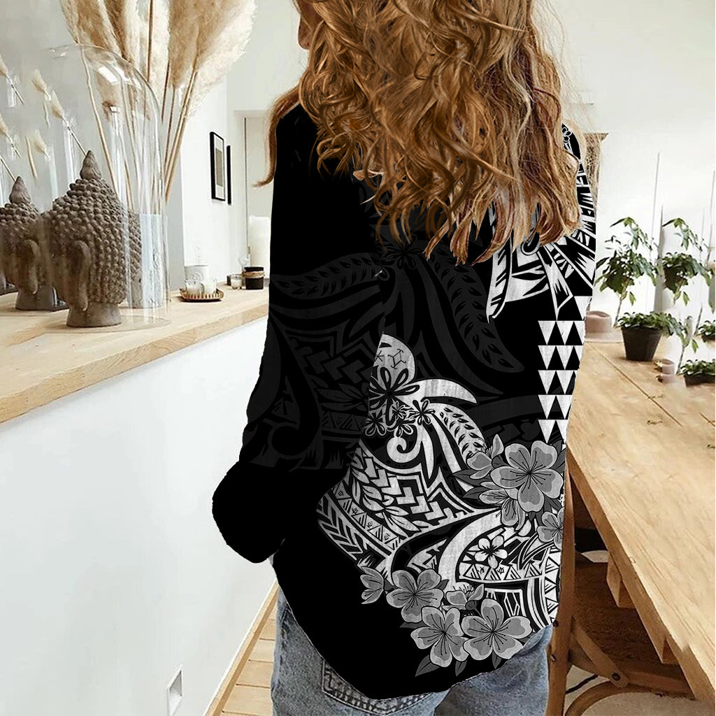 Hawaii Kakau Women Casual Shirt Polynesian Floral Tribal Black Version LT9 - Polynesian Pride