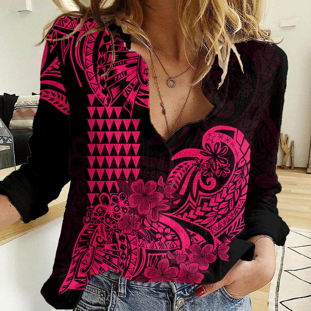 Hawaii Kakau Women Casual Shirt Polynesian Floral Tribal Pink Version LT9 Female Pink - Polynesian Pride