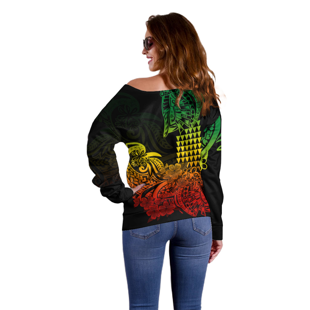 Hawaii Kakau Off Shoulder Sweater Polynesian Floral Tribal Reggae Version LT9 - Polynesian Pride