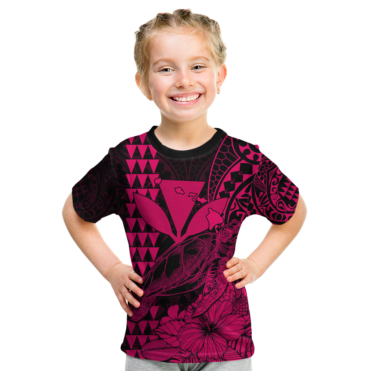 (Custom Personalised) Kakau Polynesian Tribal Hawaiian Turtle with Kanaka Maoli Pink Kid T Shirt LT9 Youth XL Size14 - Polynesian Pride