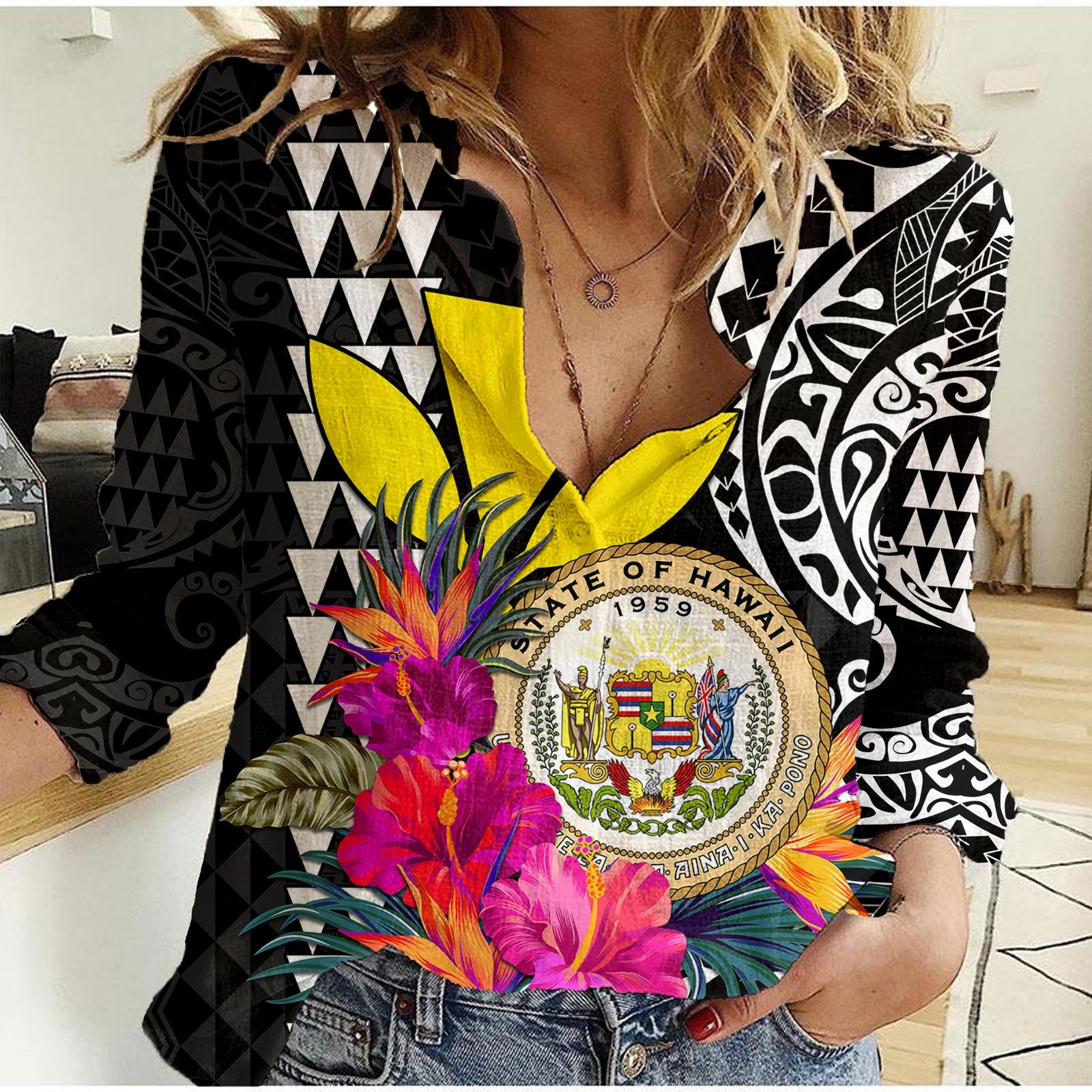 Kakau Tribal Hawaiian Kanaka Maoli Women Casual Shirt LT9 Female Black - Polynesian Pride