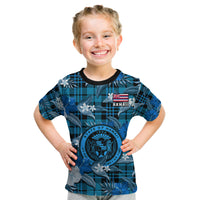 Hawaii State Kid T Shirt Tropical Flowers Mix Tartan Blue Version LT14 Youth XL Size14 - Polynesian Pride