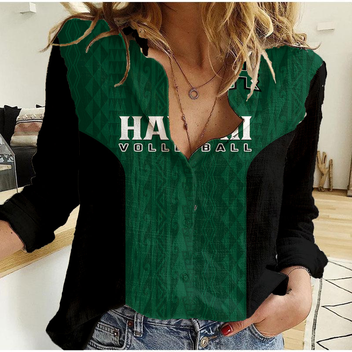 Hawaii Volleyball Women Casual Shirt Hawaiian Kakau Green Style LT14 Female Green - Polynesian Pride
