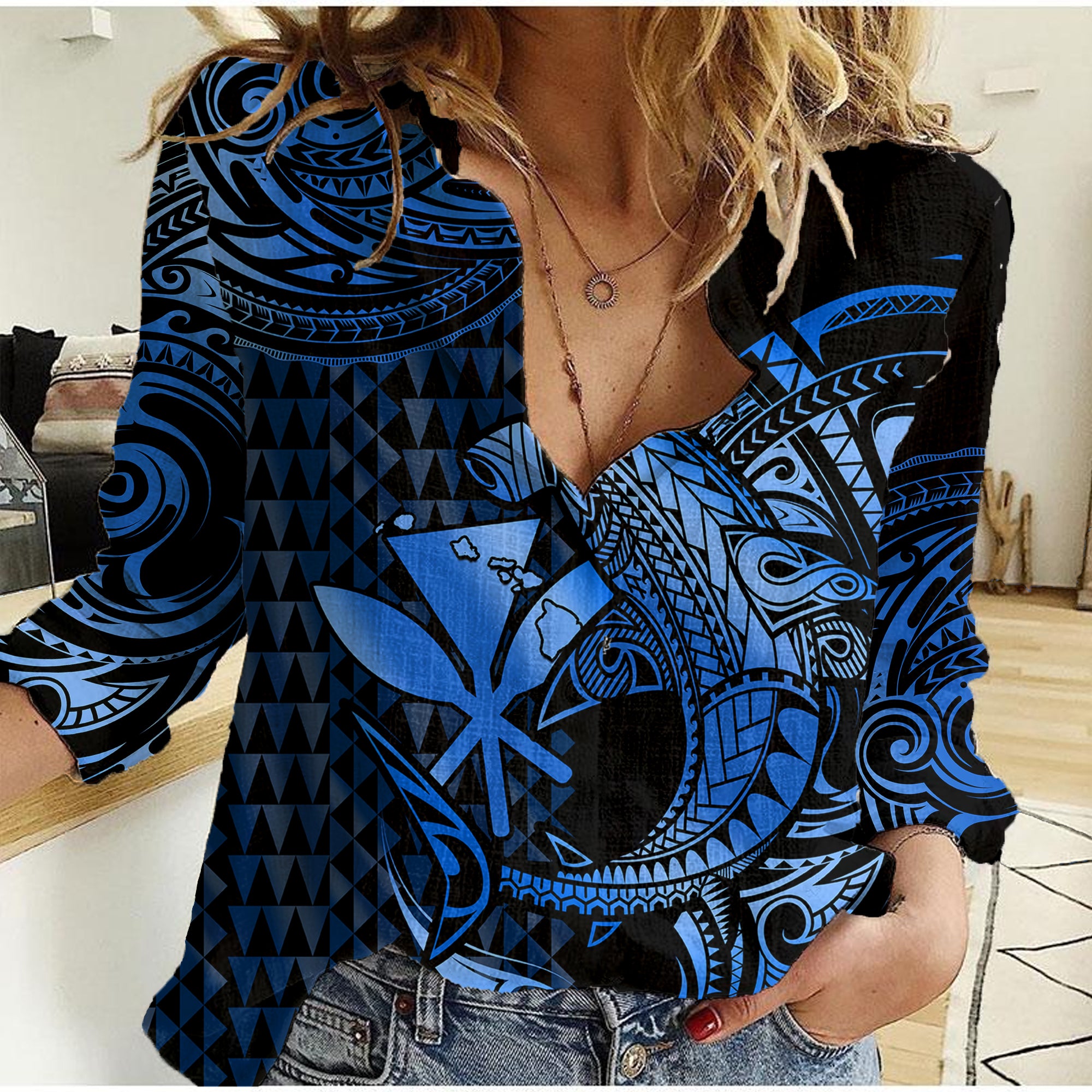(Custom Personalised) Hawaii Hammerhead Shark Women Casual Shirt Polynesian Kakau With Kanaka Blue LT14 Female Blue - Polynesian Pride