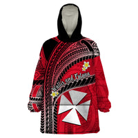 Wallis And Futuna Wearable Blanket Hoodie Plumeria Flowers With Red Polynesian Pattern LT14 - Polynesian Pride