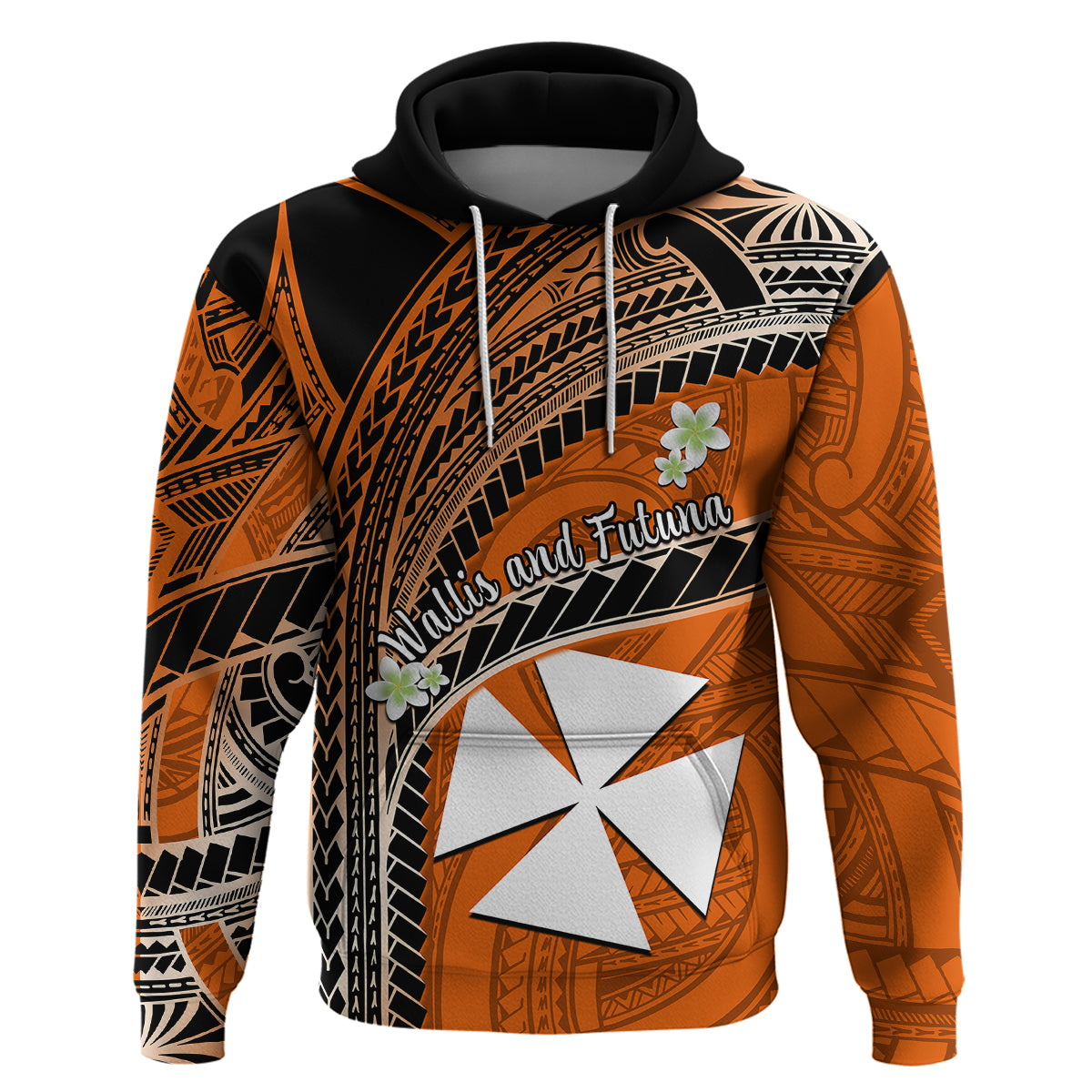 Custom Wallis and Futuna Hoodie Plumeria Flowers With Orange Polynesian Pattern LT14 - Polynesian Pride