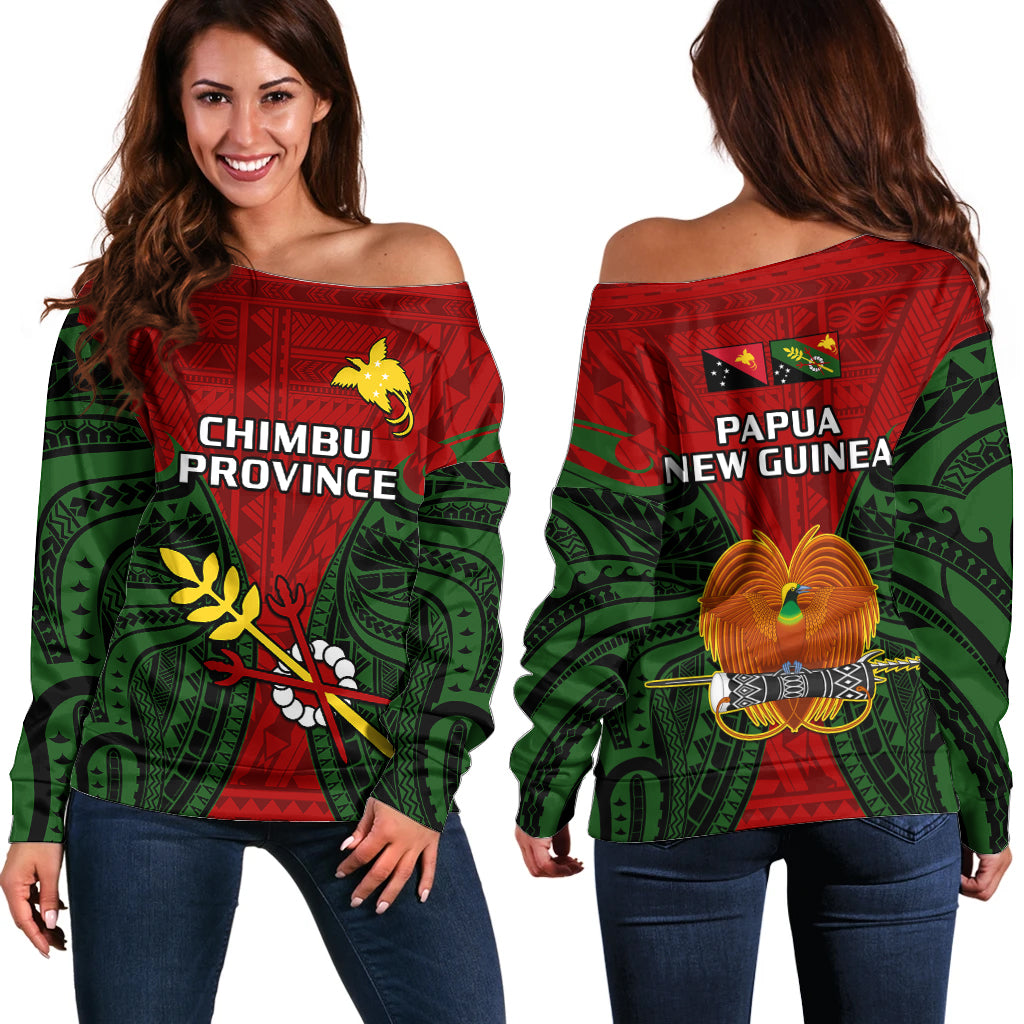 Papua New Guinea Off Shoulder Sweater Chimbu Province Mix Coat Of Arms Polynesian Art LT14 Women Red - Polynesian Pride