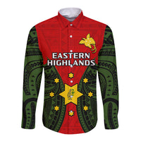 Papua New Guinea Long Sleeve Button Shirt Eastern Highlands Province Mix Coat Of Arms Polynesian Art LT14 Unisex Red - Polynesian Pride