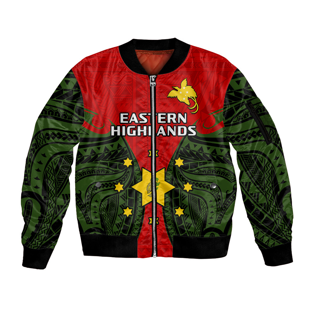 Papua New Guinea Sleeve Zip Bomber Jacket Eastern Highlands Province Mix Coat Of Arms Polynesian Art LT14 Unisex Red - Polynesian Pride