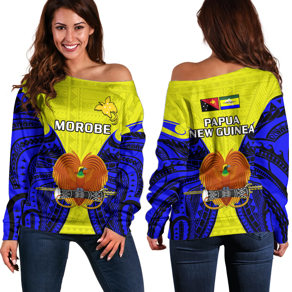 Papua New Guinea Off Shoulder Sweater Morobe Province Mix Coat Of Arms Polynesian Art LT14 Women Yellow - Polynesian Pride