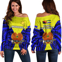Papua New Guinea Off Shoulder Sweater Morobe Province Mix Coat Of Arms Polynesian Art LT14 Women Yellow - Polynesian Pride