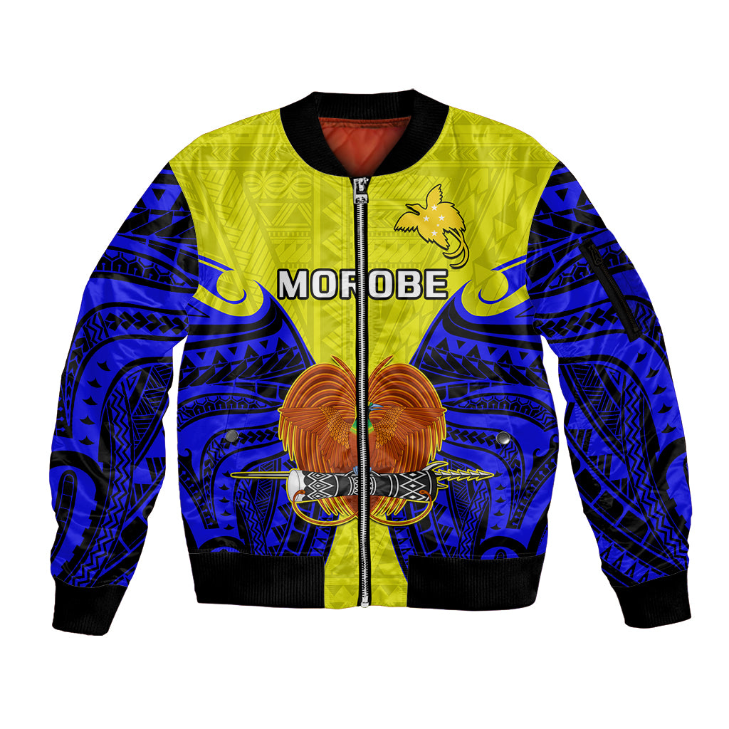 Papua New Guinea Sleeve Zip Bomber Jacket Morobe Province Mix Coat Of Arms Polynesian Art LT14 Unisex Yellow - Polynesian Pride