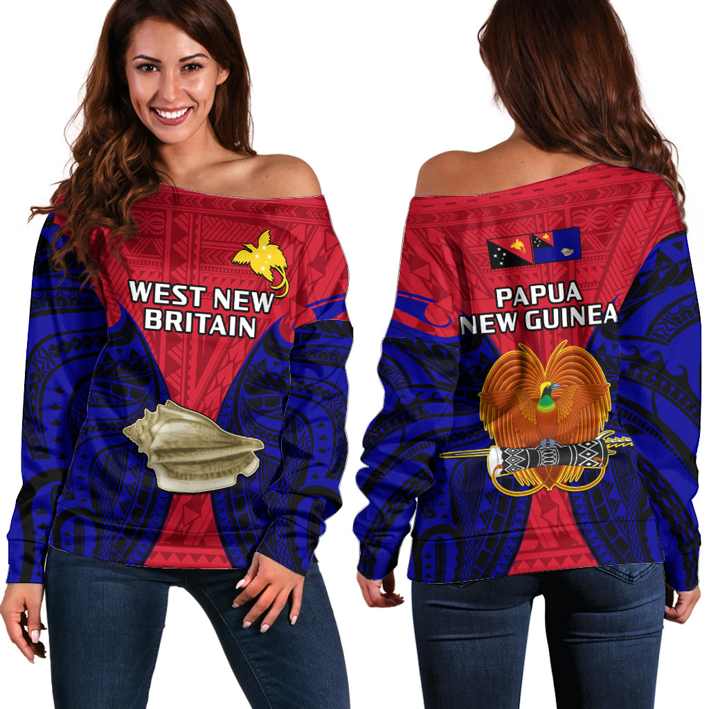 Papua New Guinea Off Shoulder Sweater West New Britain Province Mix Coat Of Arms Polynesian Art LT14 Women Red - Polynesian Pride