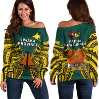 Papua New Guinea Off Shoulder Sweater Jiwaka Province Mix Coat Of Arms Polynesian Art LT14 Women Green - Polynesian Pride