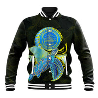 (Custom Personalised) Palau Baseball Jacket Hibiscus Turtle Mix Coat Of Arms Black Version LT14 Unisex Black - Polynesian Pride