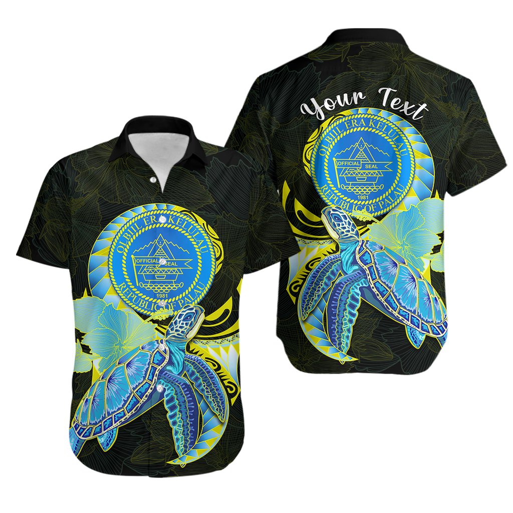 (Custom Personalised) Palau Hawaiian Shirt Hibiscus Turtle Mix Coat Of Arms Black Version LT14 Black - Polynesian Pride