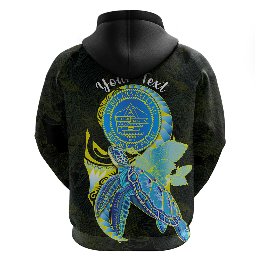 Custom Palau Hoodie Hibiscus Turtle Mix Coat of Arms Black Version LT14 - Polynesian Pride