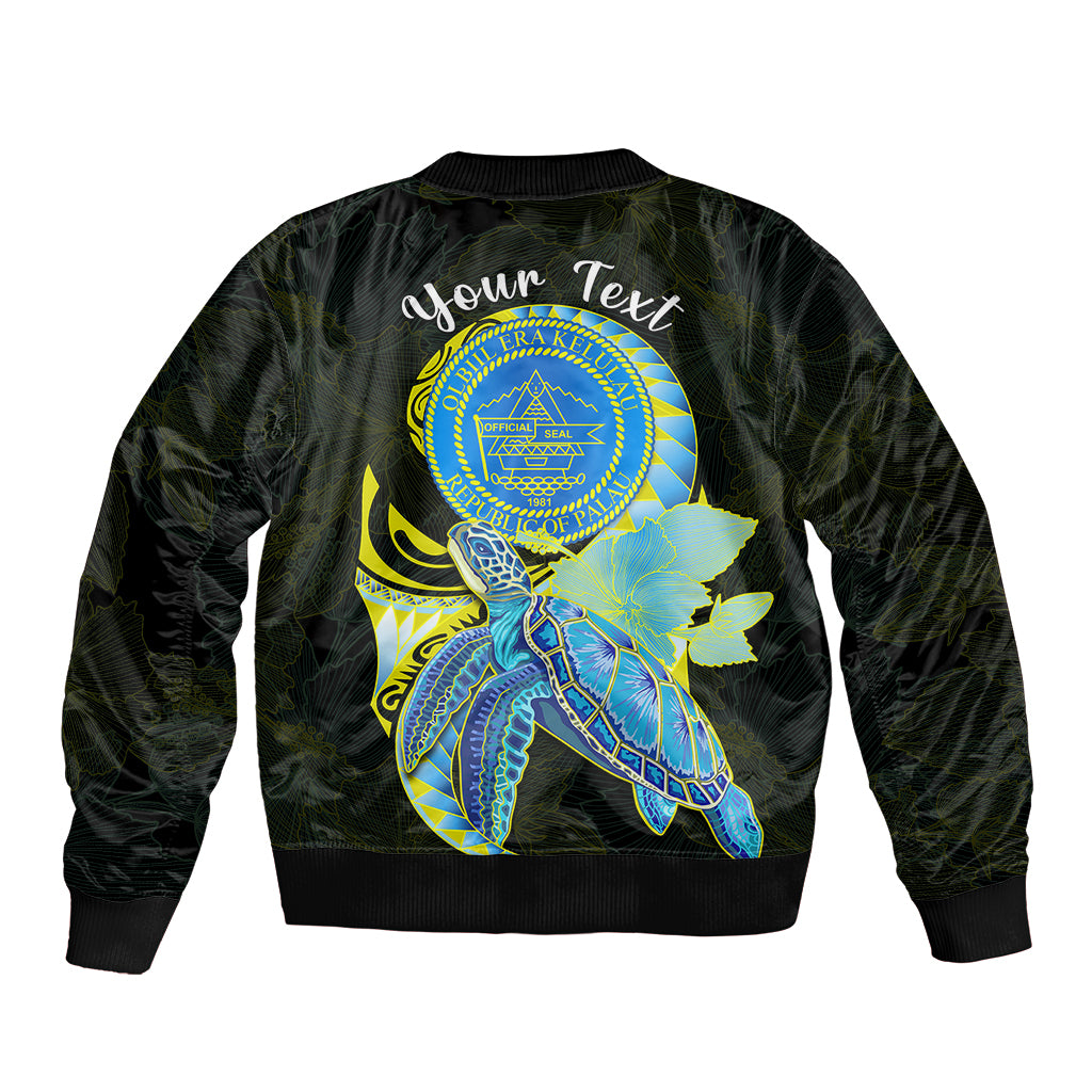 (Custom Personalised) Palau Sleeve Zip Bomber Jacket Hibiscus Turtle Mix Coat Of Arms Black Version LT14 - Polynesian Pride