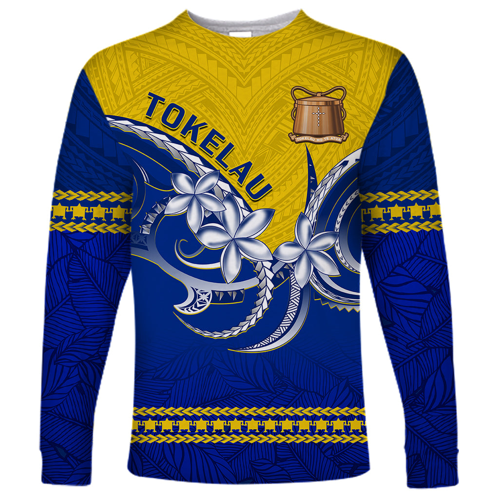 Personalised Tokelau Long Sleeve Shirt Tokelauan Tatau Plumeria Special Style LT14 Unisex Blue - Polynesian Pride
