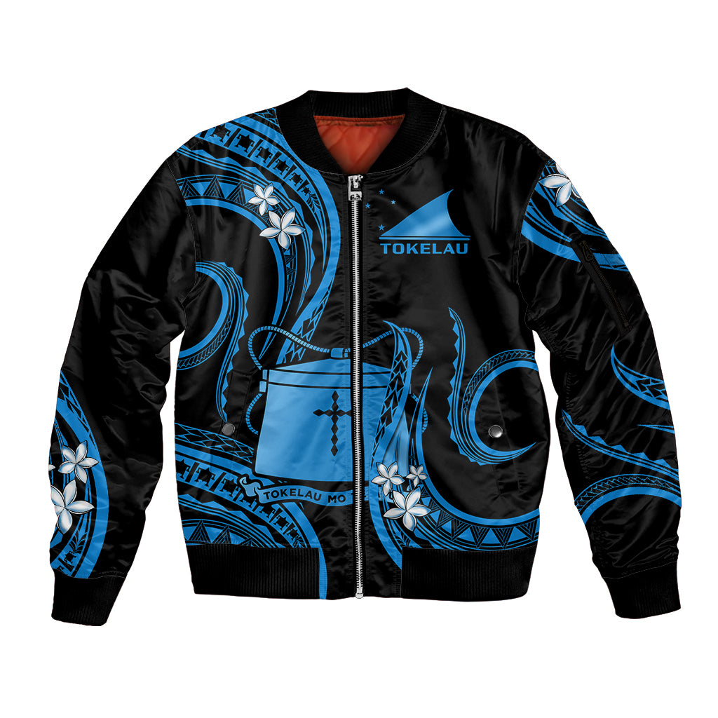 Tokelau Sleeve Zip Bomber Jacket Tokelauan Tatau With Badge Blue LT14 Unisex Blue - Polynesian Pride