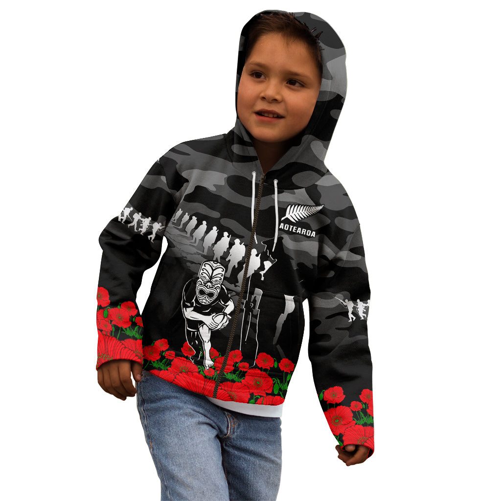 (Custom Text And Number) New Zealand ANZAC Rugby Kid Hoodie Silver Fern All Black Camouflage Mix Poppy LT14 - Polynesian Pride