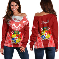 Tonga Heilala Flowers Off Shoulder Sweater Tongan Ngatu White Special Verison LT14 Women Red - Polynesian Pride