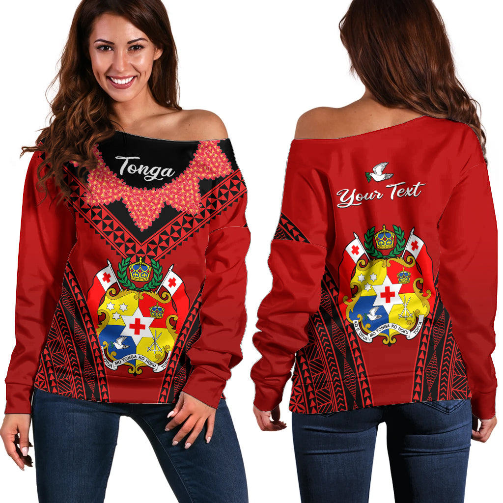 (Custom Personalised) Tonga Heilala Flowers Off Shoulder Sweater Tongan Ngatu Black Special Verison LT14 Women Red - Polynesian Pride