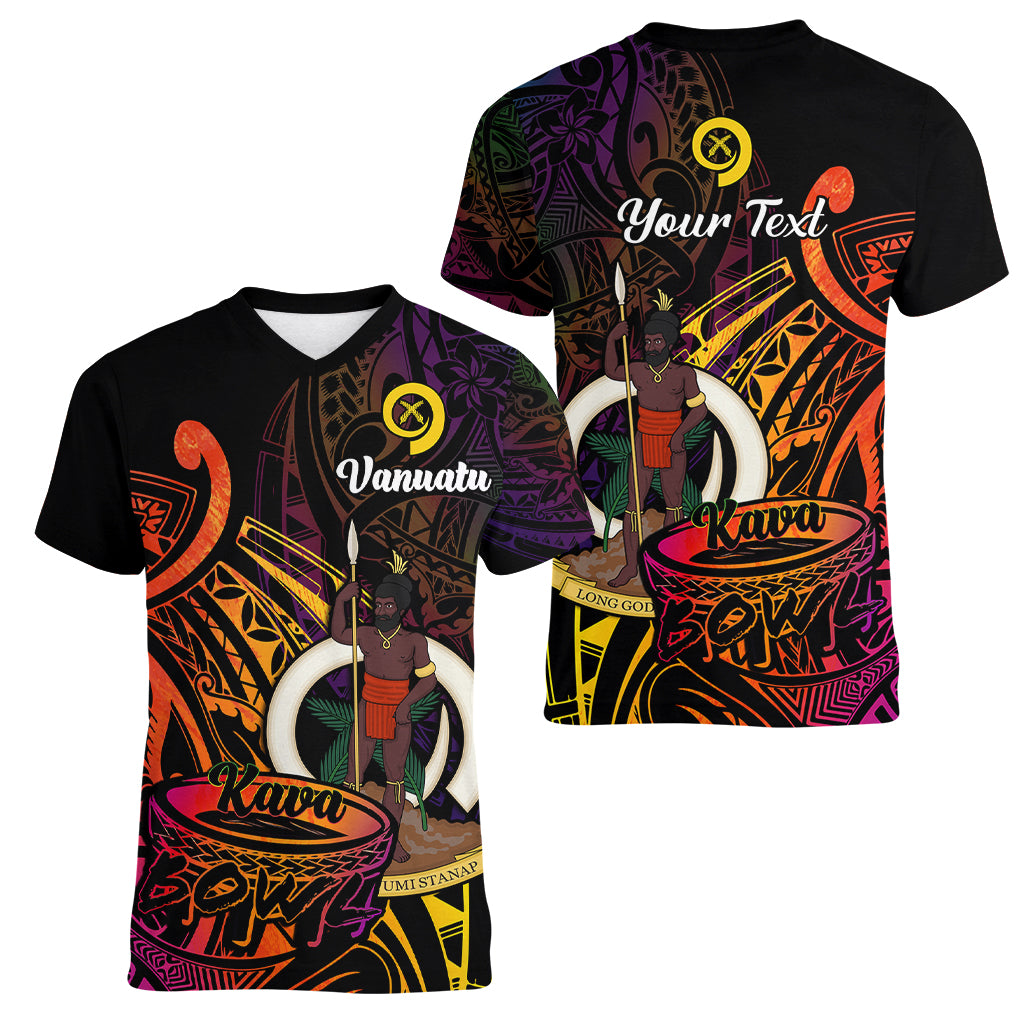 (Custom Personalised) Vanuatu Women V Neck T Shirt Kava Bowl Mix Polynesian Gradient Style LT14 Female Black - Polynesian Pride