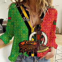 (Custom Personalised) Vanuatu Women Casual Shirt Kava Bowl Mix Sand Drawing Flag Style LT14 Female Black - Polynesian Pride