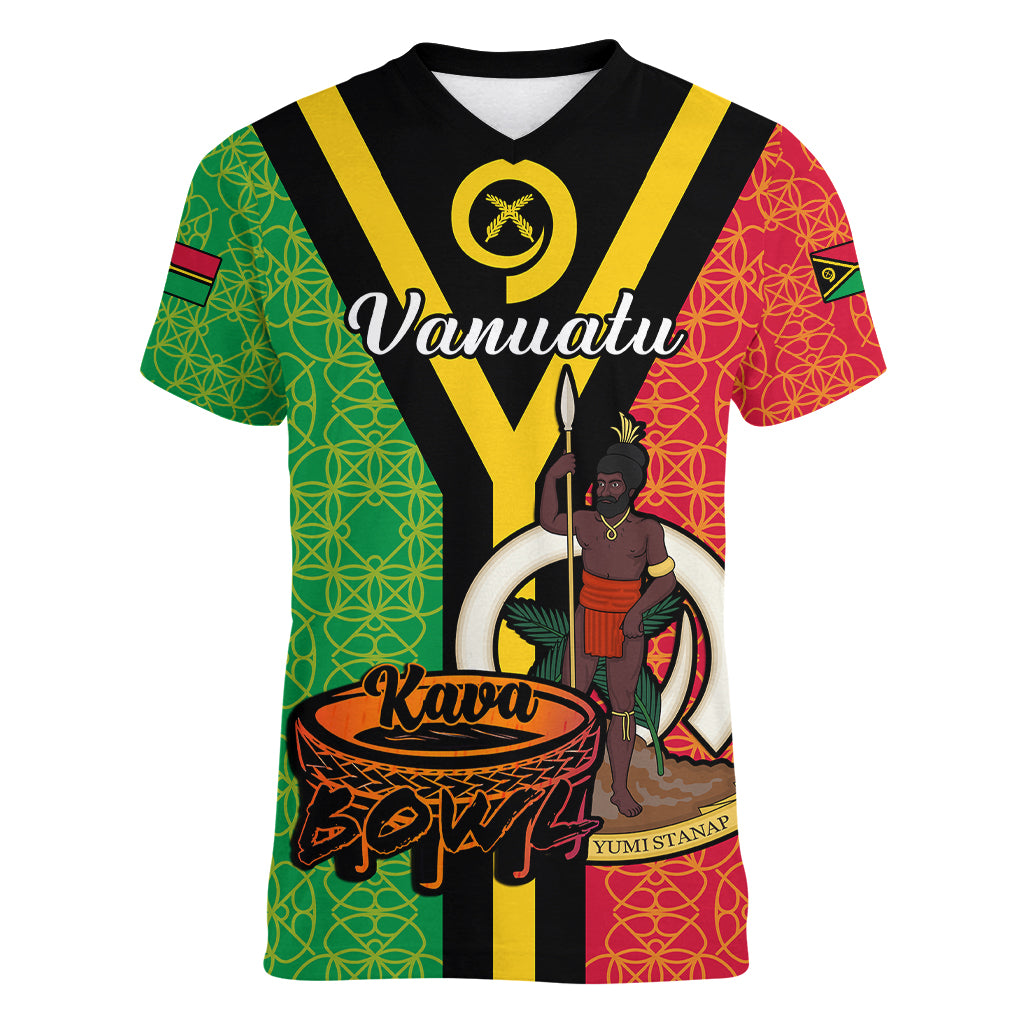(Custom Personalised) Vanuatu Women V Neck T Shirt Kava Bowl Mix Sand Drawing Flag Style LT14 - Polynesian Pride