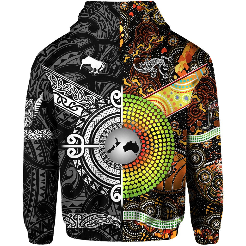 New Zealand Australia Zip Hoodie for Kid Maori and Aboriginal Together Black LT8 - Polynesian Pride