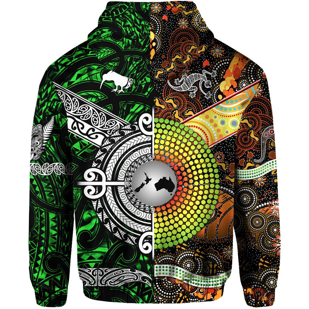 Custom New Zealand Australia Zip Hoodie for Kid Maori and Aboriginal Together Green LT8 - Polynesian Pride
