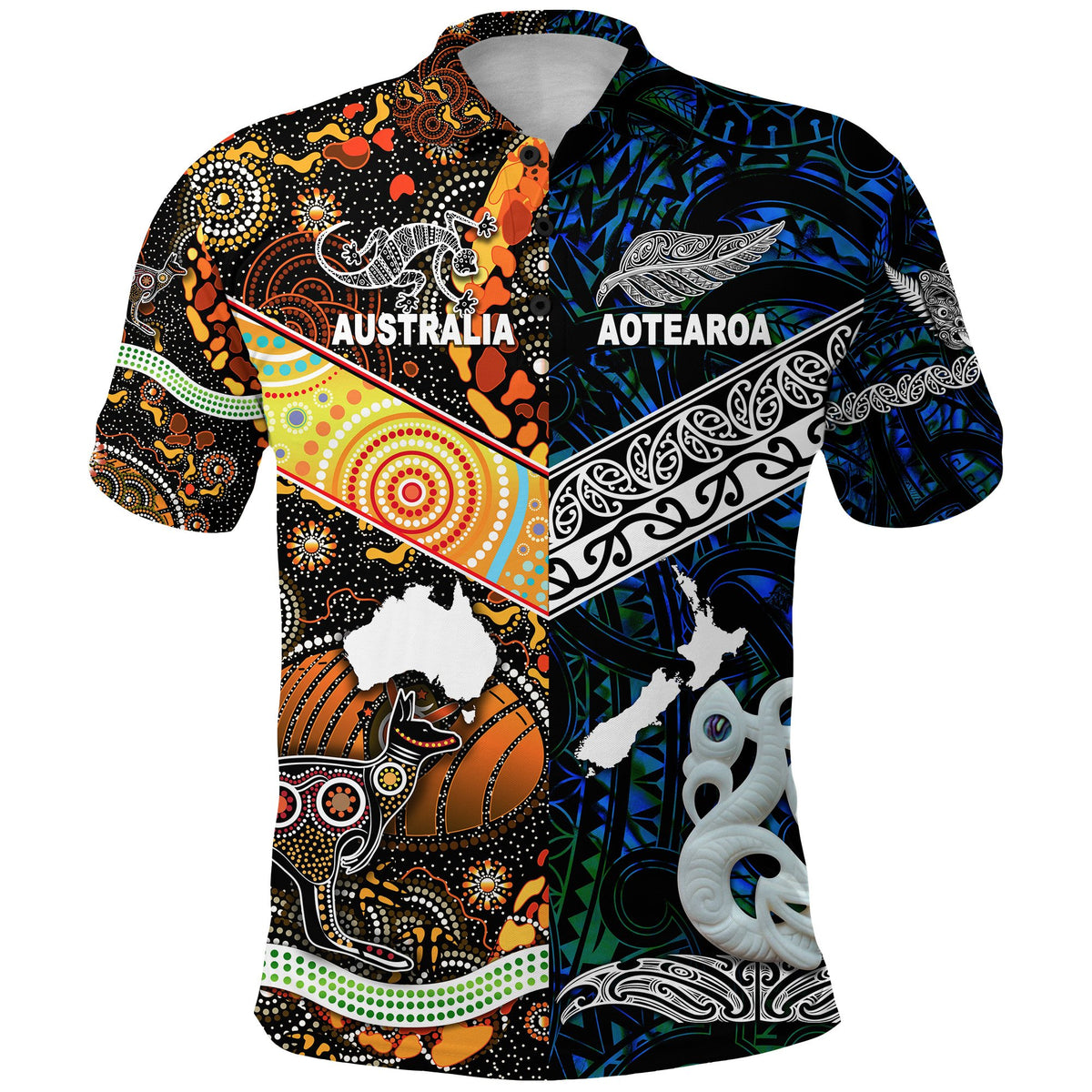 Custom New Zealand Australia Polo Shirt Maori and Aboriginal Together Blue, Custom Text and Number LT8 - Polynesian Pride