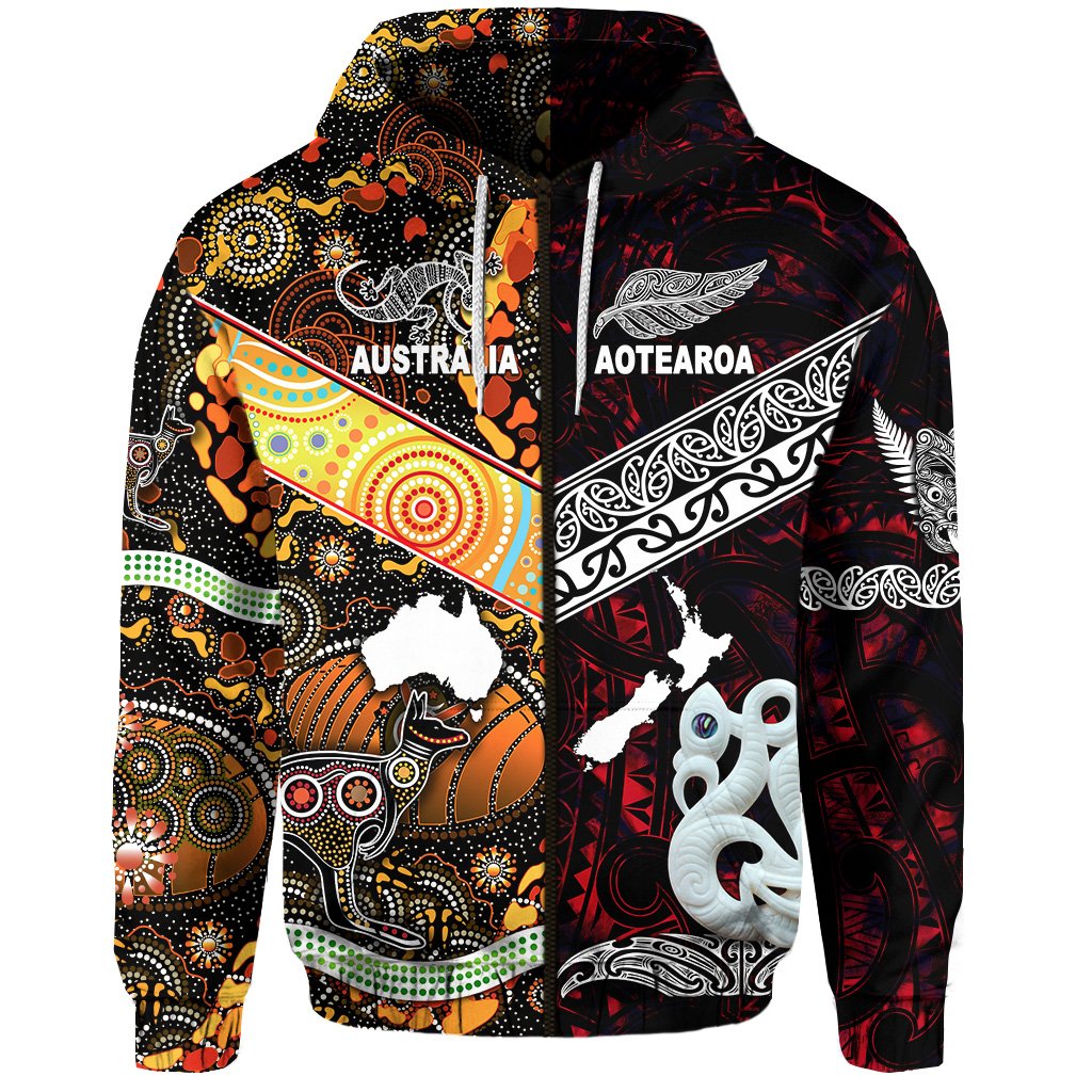 New Zealand Australia Zip Hoodie for Kid Maori and Aboriginal Together Red LT8 - Polynesian Pride
