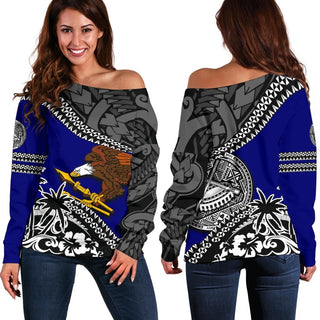 American Samoa Off Shoulder Sweater Fall In The Wave - 2XS / Blue